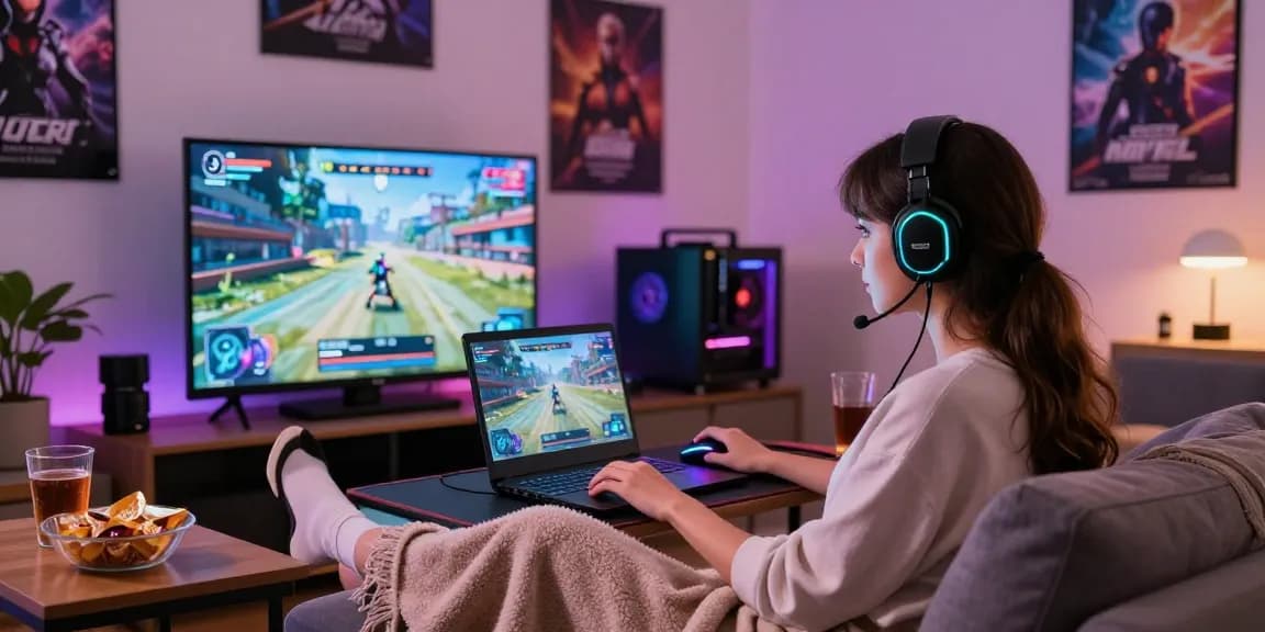 Engaging woman playing online porn games on her laptop in a cozy gaming setup.