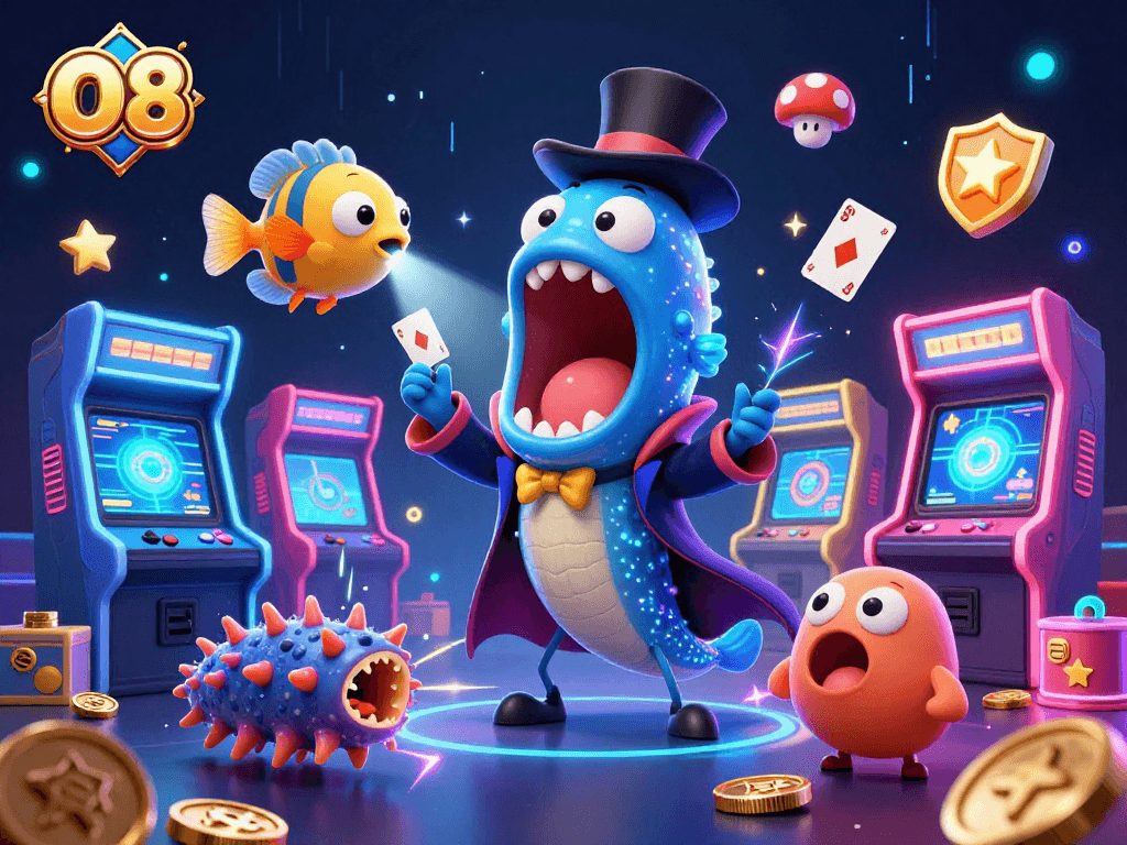 O8 features an engaging 3D illustration showcasing a dynamic magic show in a vibrant casino atmosphere.