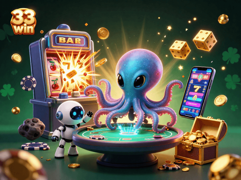Engage with 33 win's magical gambling experience with a vibrant scene of an alien octopus at a poker table surrounded by exciting casino elements.