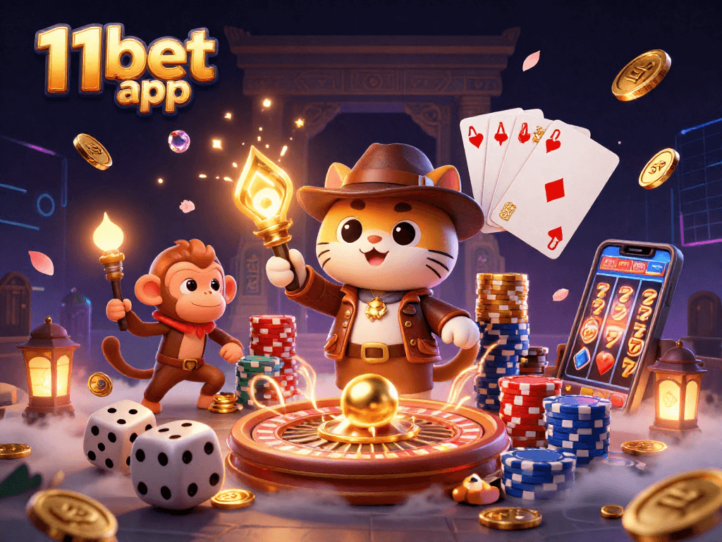 Win big with the 11bet app as playful characters uncover golden casino treasures.