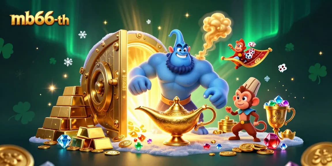 Experience the thrill of mb66-th with a dynamic 3D illustration featuring a genie, treasures, and poker chips.