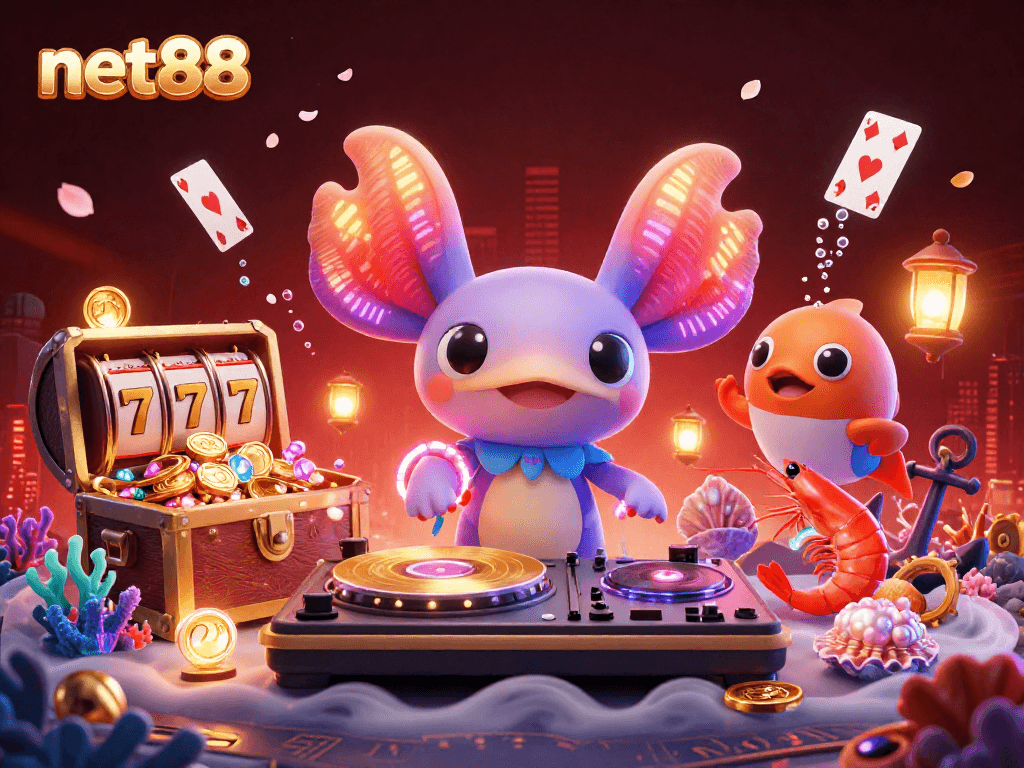 Experience the thrill of net88 with a vibrant underwater casino scene featuring a DJ axolotl and lively characters.