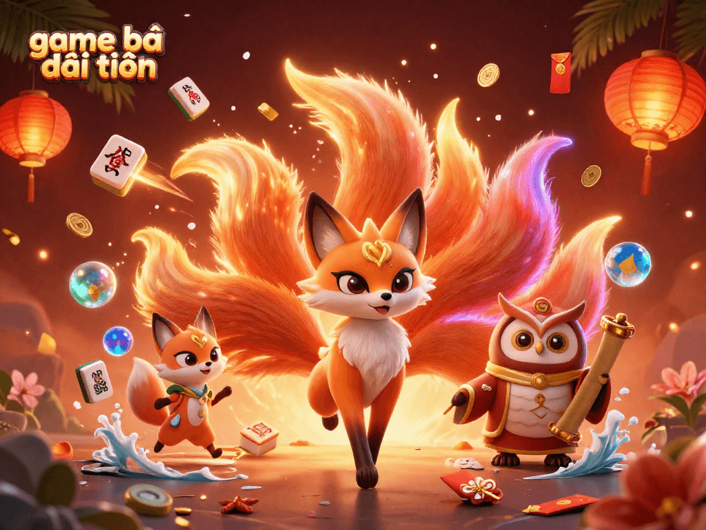 Engage in game bài đổi thưởng with a lively scene featuring a nine-tailed fox and an owl amid colorful casino elements.