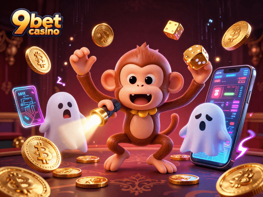 Experience the excitement of 9bet casino with vibrant 3D characters and crypto elements in a haunted setting.