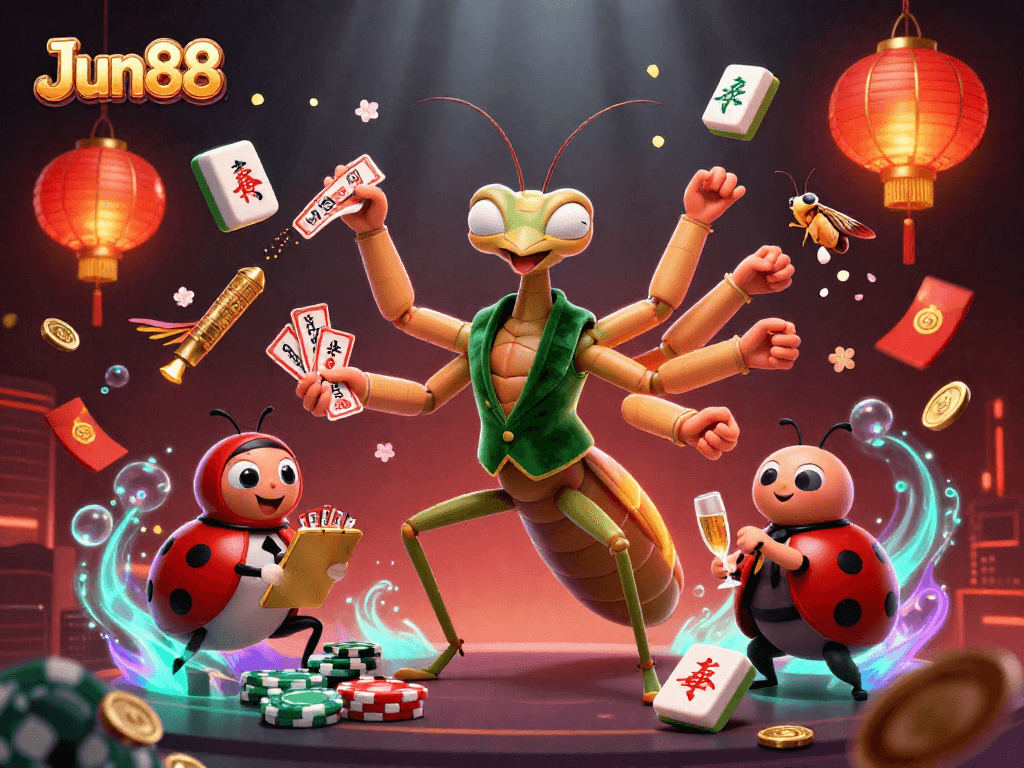 Experience the thrilling world of Jun88 as a mantis blackjack dealer amidst festive casino decorations.