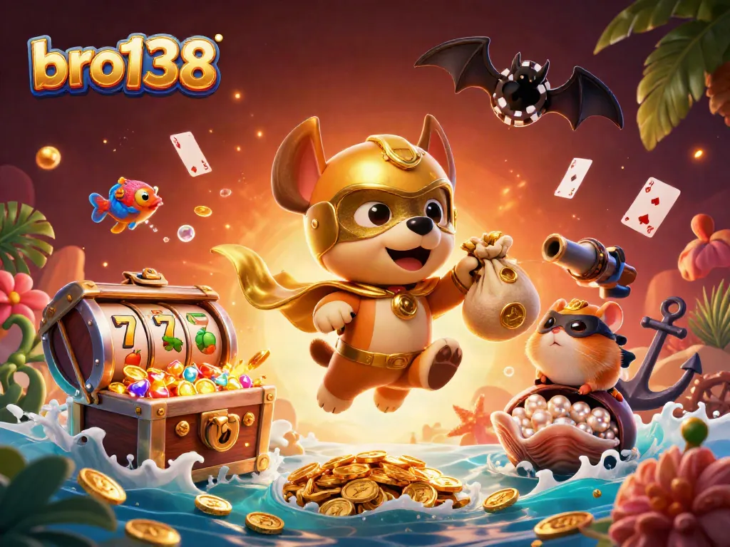 Experience bro138's exciting slots with a superhero dog and hamster in a vibrant casino scene.
