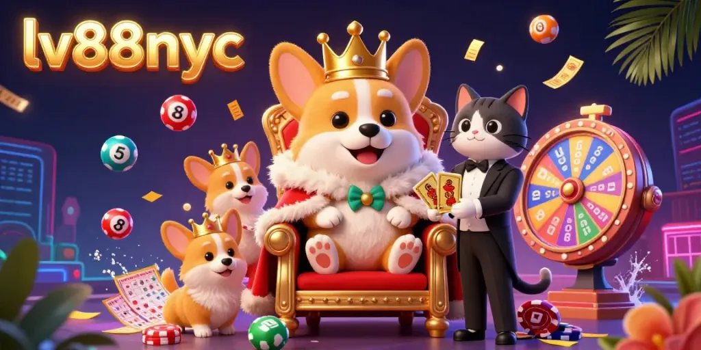 Experience the vibrant world of lv88nyc with lively 3D cartoon characters surrounded by dynamic lottery elements.