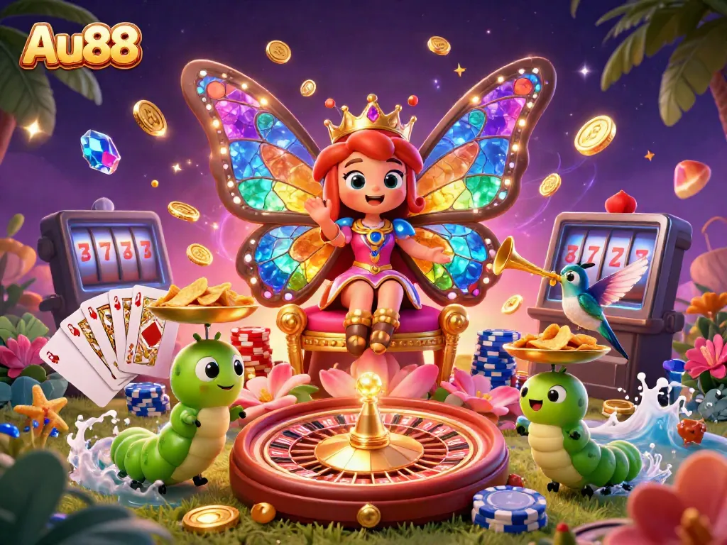 Engage with Au88's vibrant casino world filled with animated characters and winning elements.