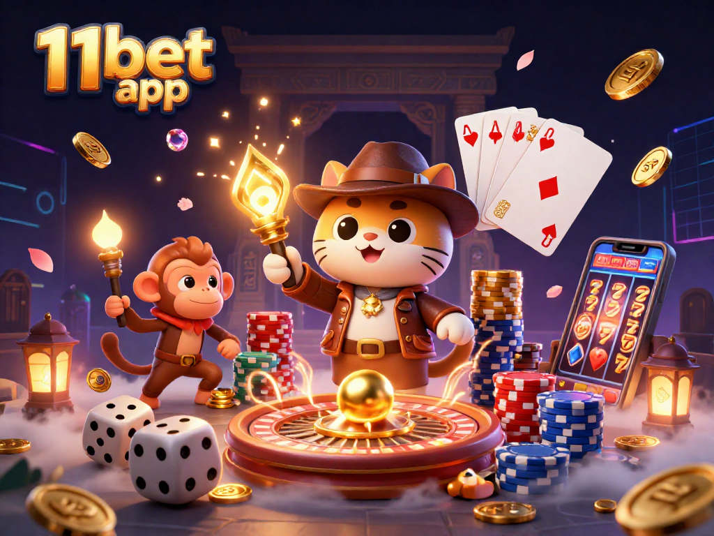 Win big with the 11bet app as playful characters uncover golden casino treasures.
