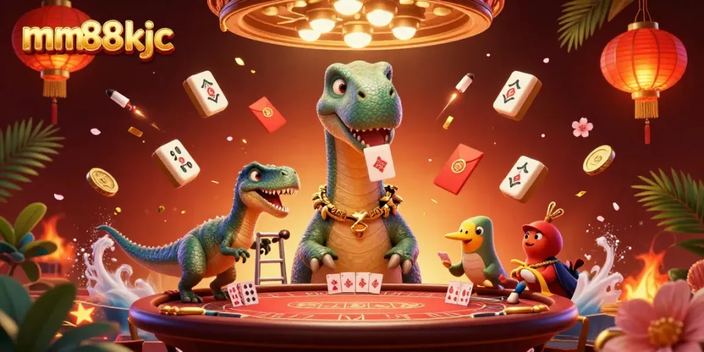 Experience imaginative fun at mm88 kjc casino with towering brontosaurus and playful raptor dealers in vibrant 3D.