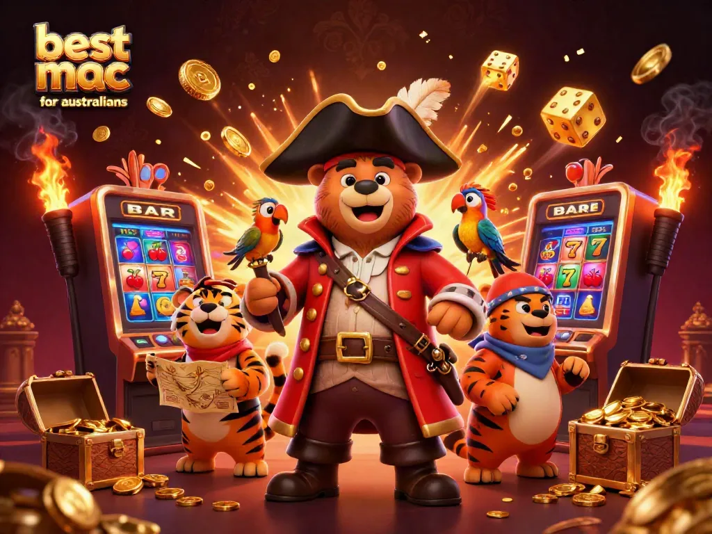 Illustration showcasing the best mac casinos for australians with a lively pirate scene and dynamic casino elements.