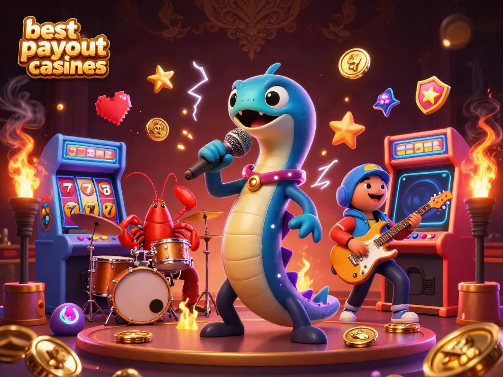 A vibrant underwater casino scene showcasing a 3D electric eel DJ performing with lobster and seahorse band, celebrating the best payout online casinos.