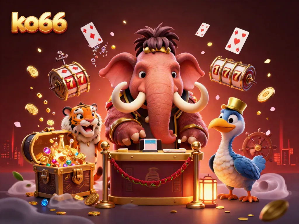 Exciting ko66 casino scene featuring a woolly mammoth checking IDs, surrounded by vibrant gaming elements.