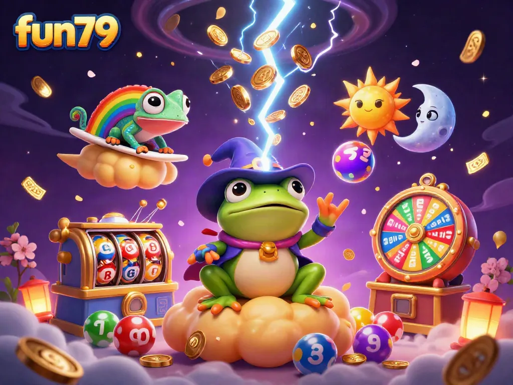 Engage with fun79's gaming excitement as a wizard frog conjures a coin storm amid colorful jackpot elements.