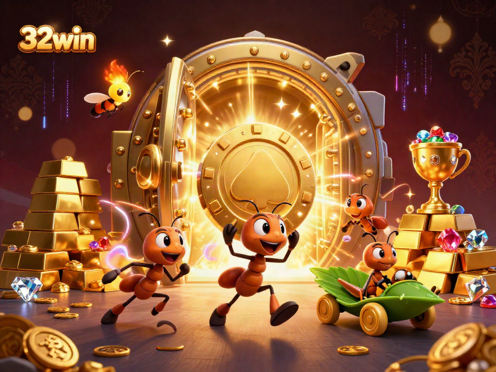 32win's dynamic gambling illustration featuring cartoon ants heisting a golden poker chip.