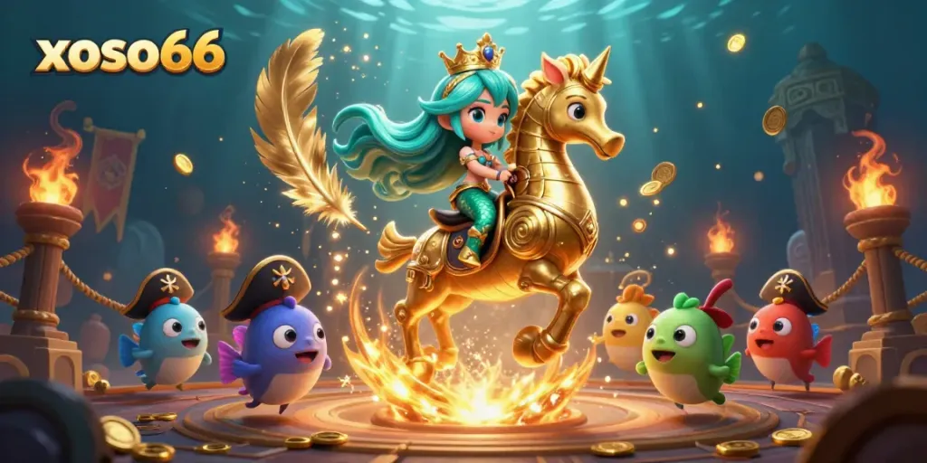 Engage with xoso66's vibrant underwater world featuring a mermaid and seahorse, showcasing casino themes.