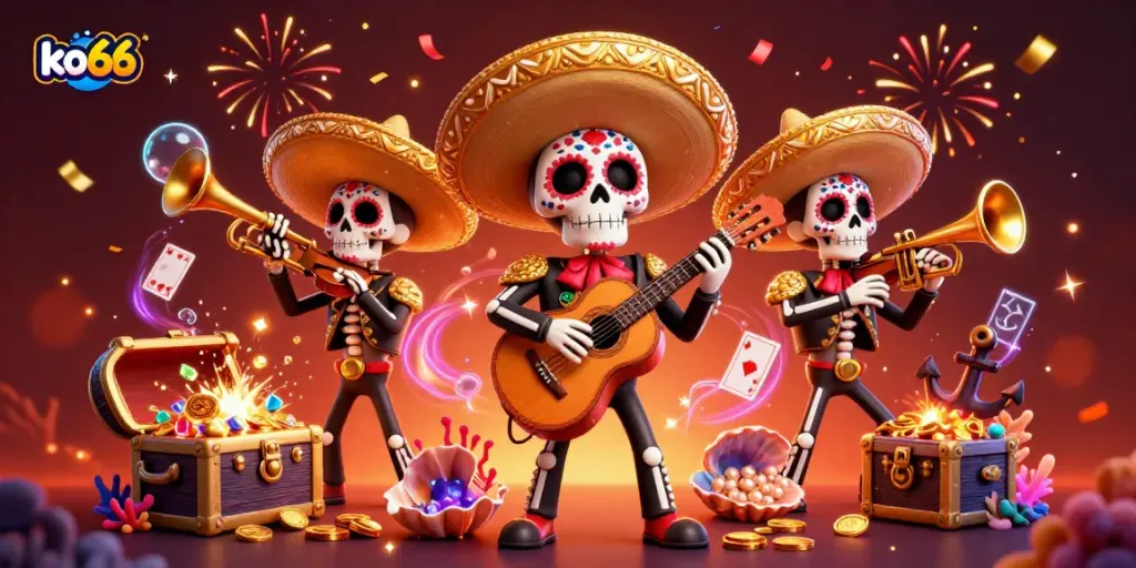 Experience the energy of ko66 with a vibrant 3D mariachi band surrounded by casino elements.