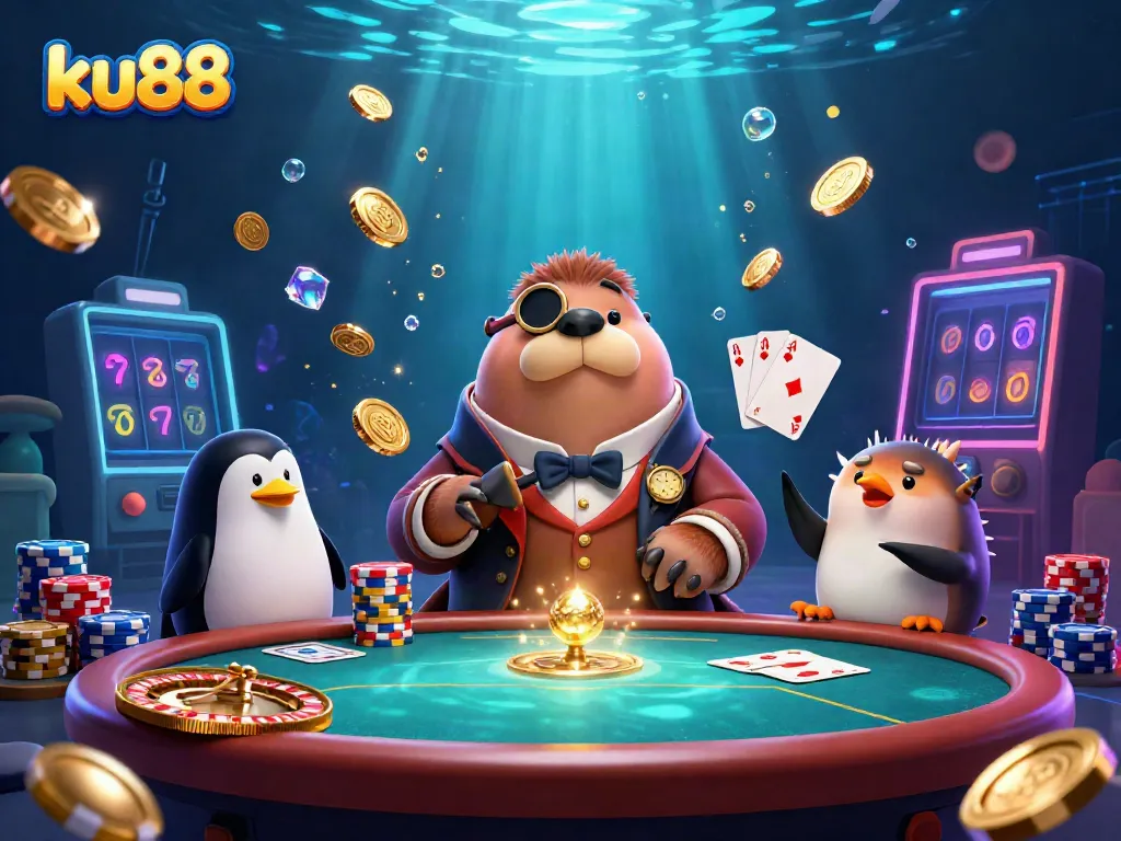 ku88 showcases a vibrant underwater casino scene with a jolly walrus, penguin dealer, and a bluffing pufferfish.