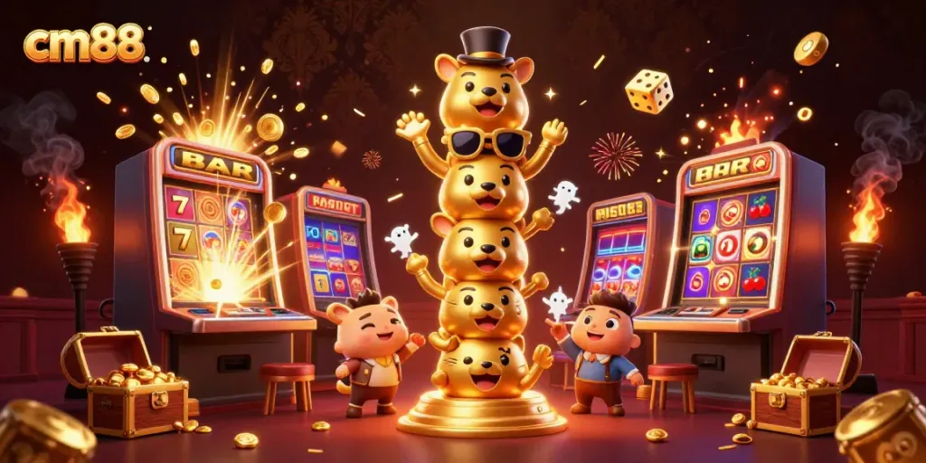 Engage with cm88's thrilling jackpot opportunities and vibrant slot game elements in an energetic casino scene.