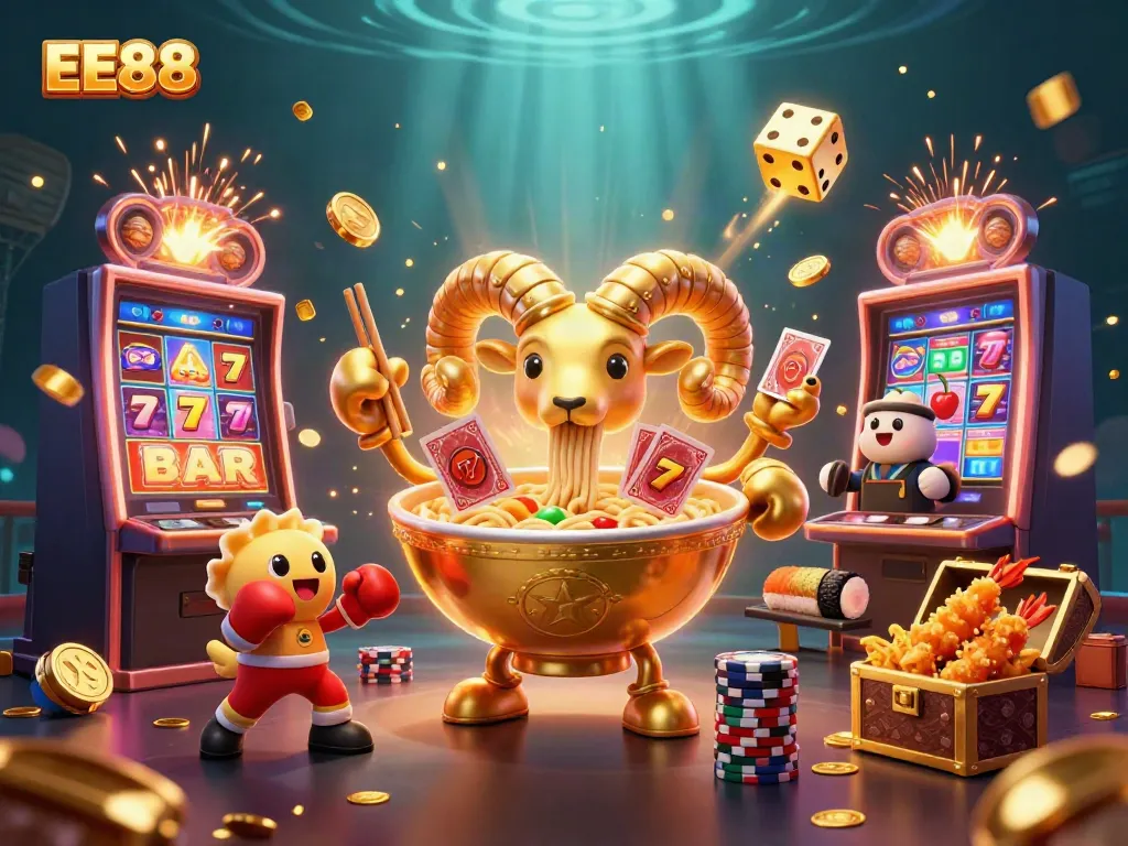 EE88 themed illustration showcasing a vibrant 3D scene with a golden ramen bowl character and casino elements bursting with excitement.