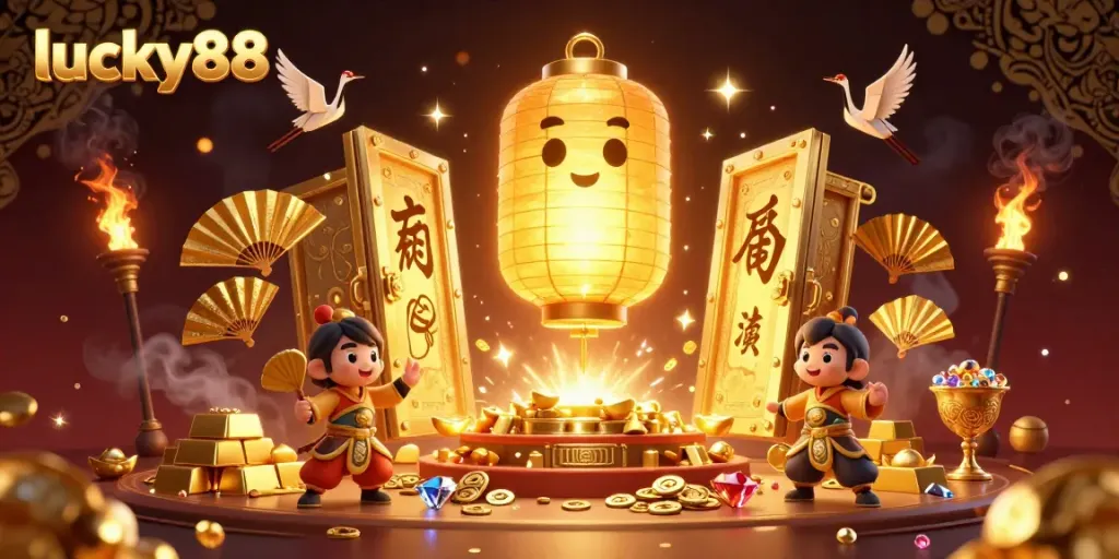 Engage with lucky88's vibrant casino world showcasing dynamic characters and gold treasures.