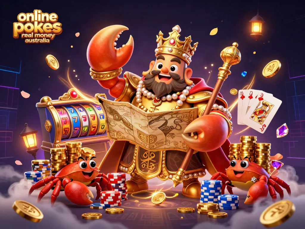 Experience online pokies real money australia with a vibrant 3D illustration featuring a golden crab emperor.