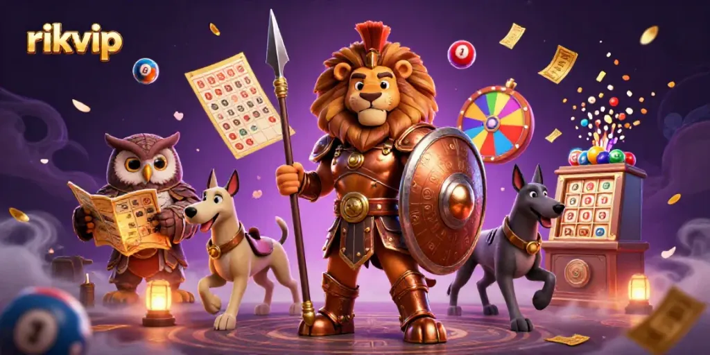 Experience the thrill of rikvip with vibrant lottery elements and heroic characters in an engaging casino scene.