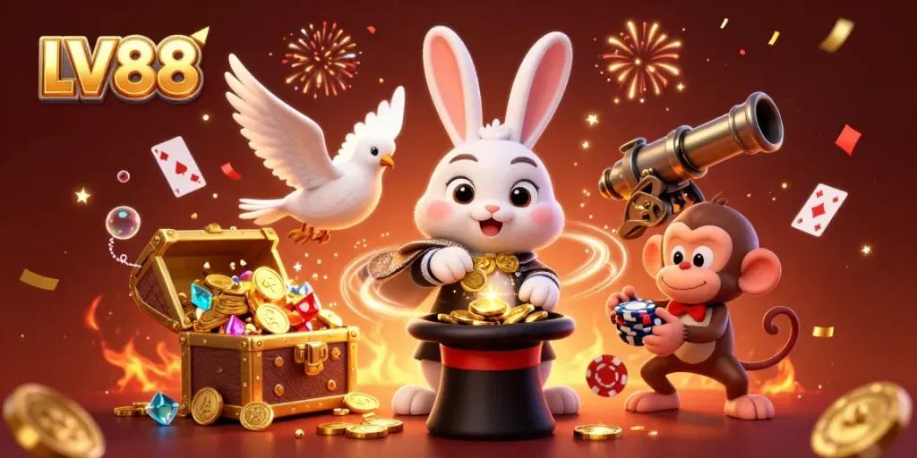 Experience the excitement of LV88 with enchanting casino characters and gaming elements in a magical dynamic scene.