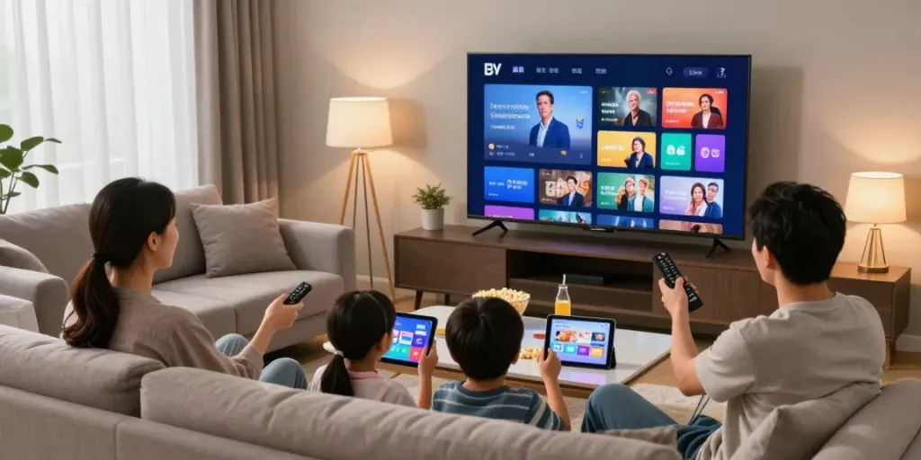 Family enjoying an iptv subscription in a cozy living room with a vibrant TV display.