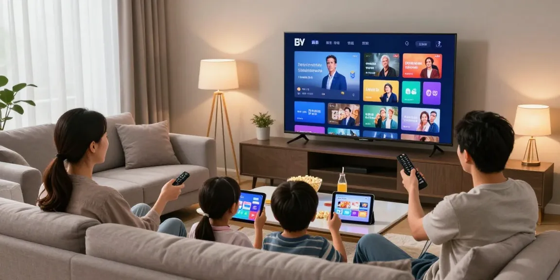 Family enjoying an iptv subscription in a cozy living room with a vibrant TV display.