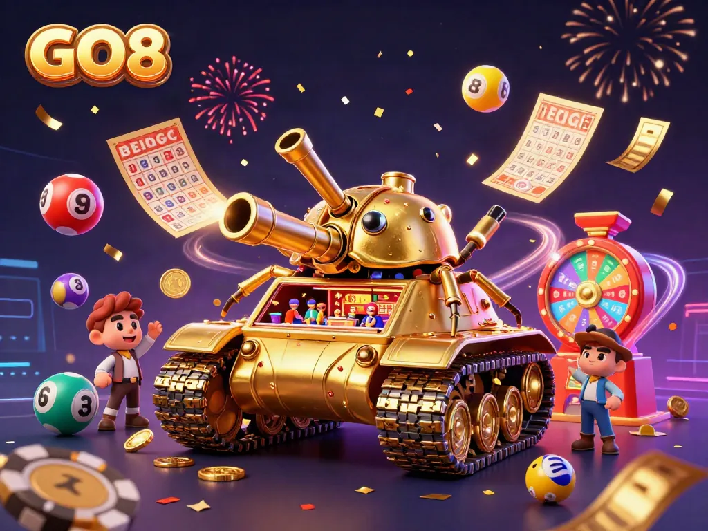 Experience the excitement of GO8 with a dynamic casino scene inside a golden beetle tank, featuring festive elements.