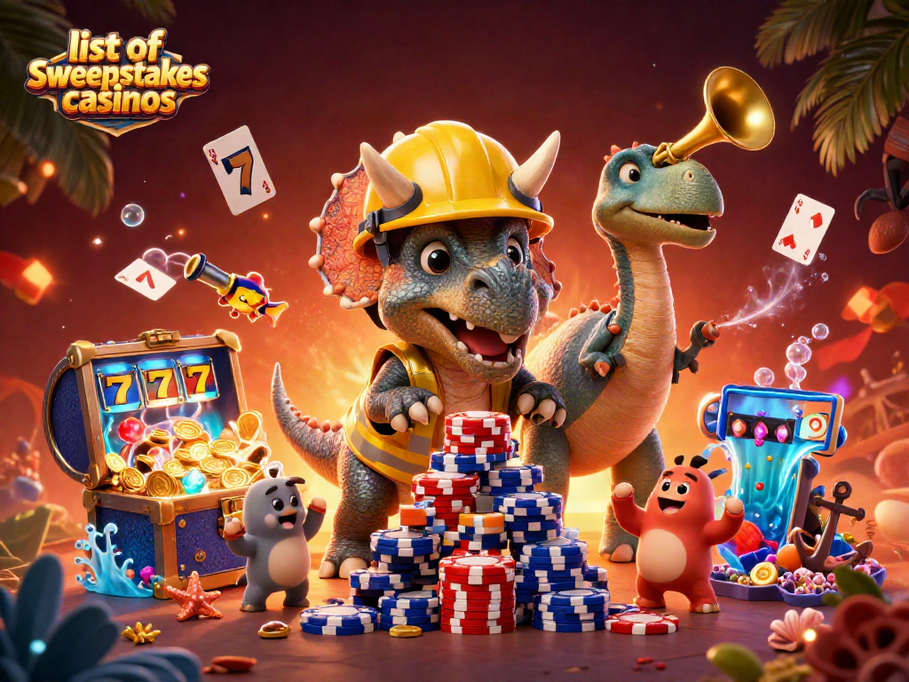 Engage with the list of sweepstakes casinos through a thrilling 3D cartoon scene of exciting gameplay elements.