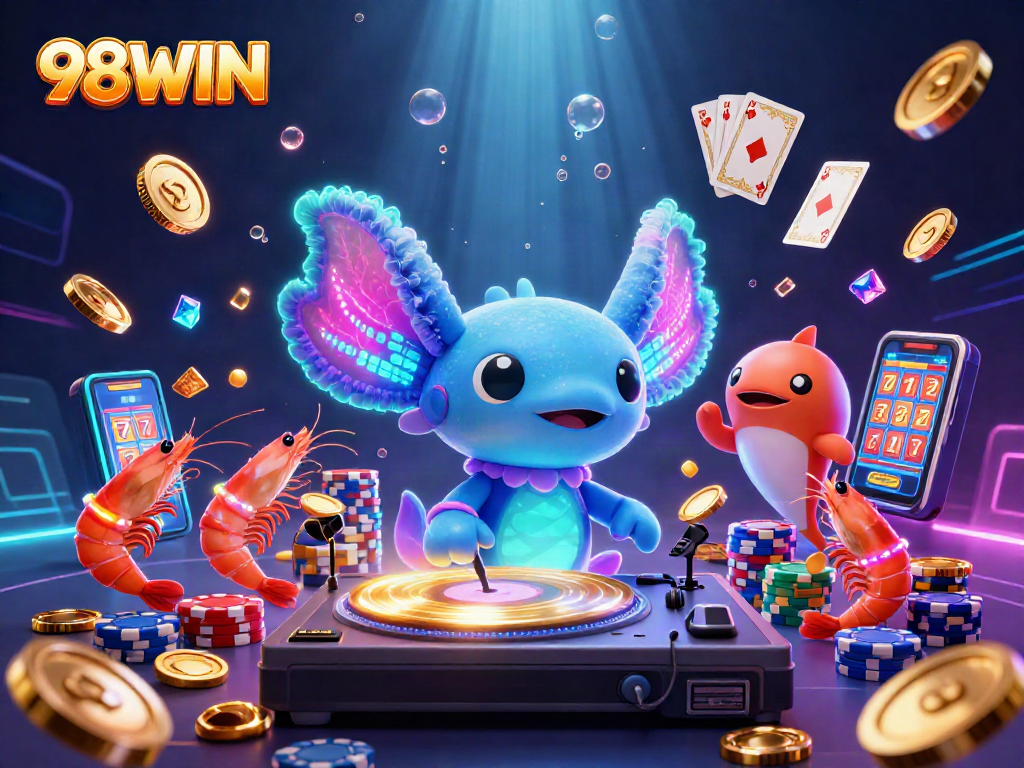 Experience the excitement of 98WIN with a vibrant underwater casino scene featuring playful creatures and dynamic gaming elements.