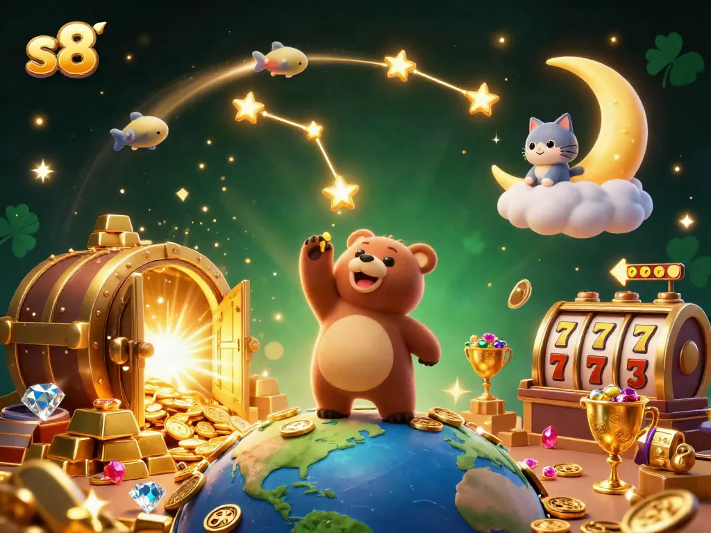 Experience the thrilling world of s8, with a constellation bear collecting coins amidst vibrant casino elements and treasures.