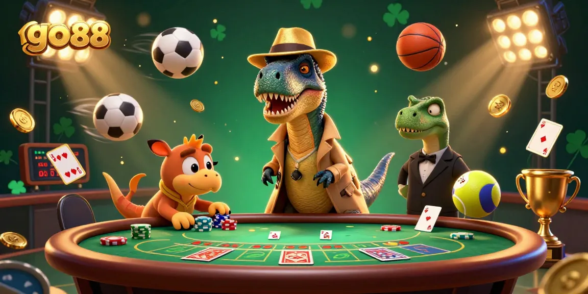 Win at go88 with an energetic live casino scene featuring a velociraptor card counter and dynamic sports elements.