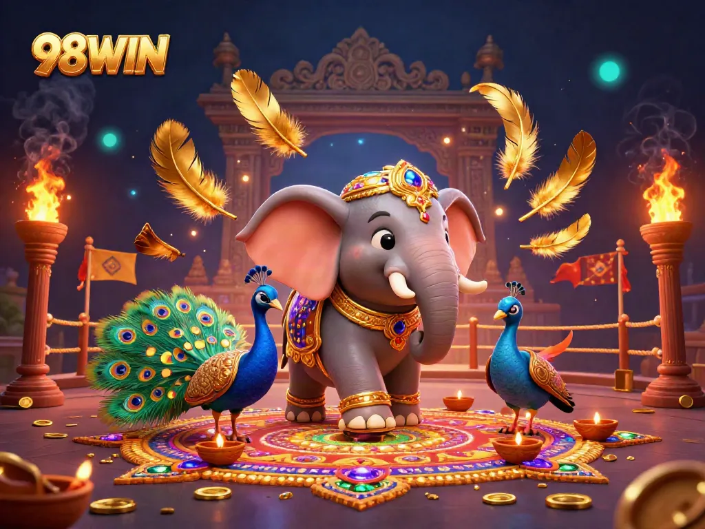 Experience rich excitement in 98WIN's vibrant casino-themed world filled with gems and animated elements.