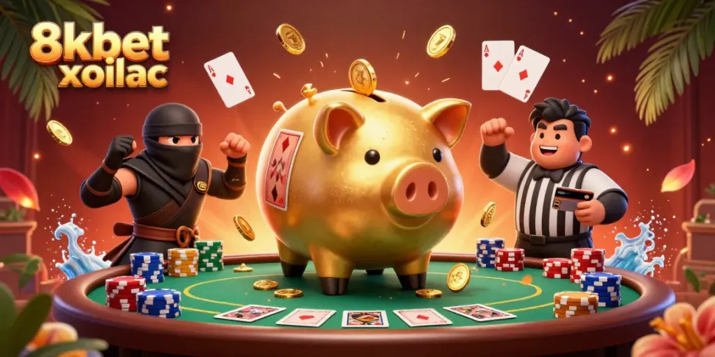 Dynamic scene featuring 8xbet xoilac characters and vibrant casino elements, illustrating online gambling excitement.
