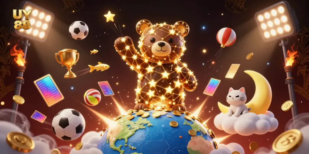 Experience UY 88 with an energetic casino illustration of a cosmic bear, golden coins, and sports elements.