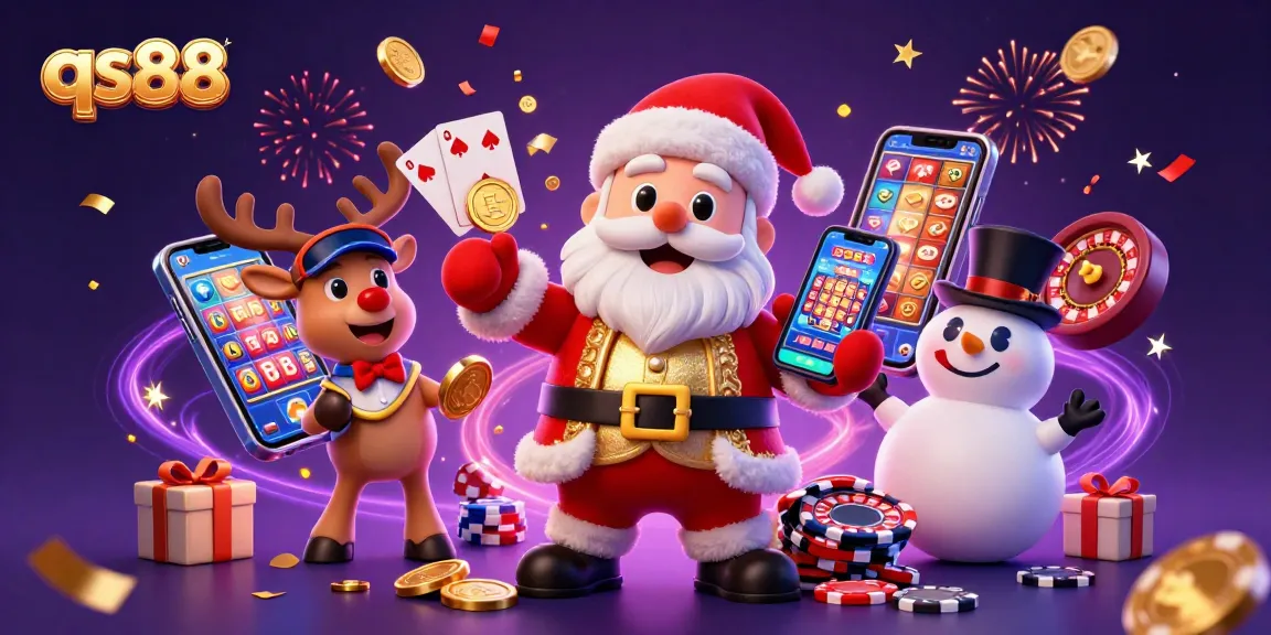 Celebrate jackpots at qs88 with Santa, reindeer dealer, and poker snowman in a dynamic casino scene.