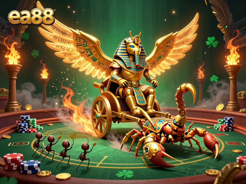 Engage in thrilling poker action with ea88's dramatic scene featuring a colossal golden scarab and vibrant game elements.