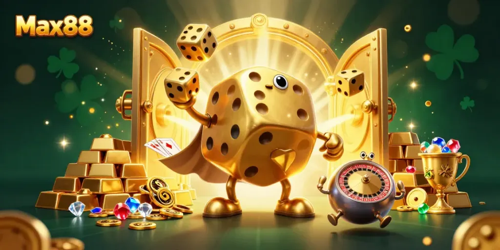 Max88's exciting casino atmosphere featuring lucky golden dice and treasures