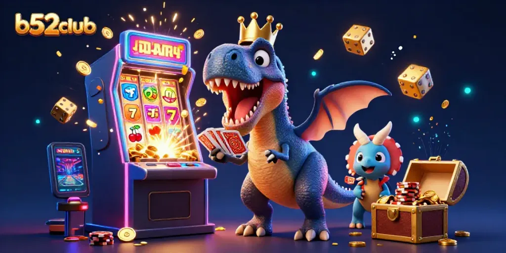 Experience the excitement of b52club with friendly characters and dynamic casino elements in a vibrant scene.