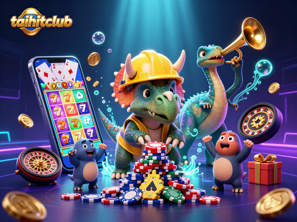 Engage in casino excitement with taihitclub's vibrant illustration of animated dinosaurs amid slots and poker.