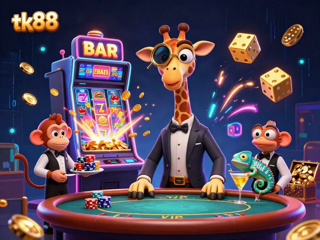 Engage in thrilling gameplay with the vibrant tk88 casino scene featuring a high-roller giraffe, monkey valet, and chameleon bartender, erupting with jackpots.