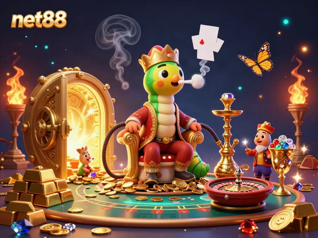 Engage with net88 in this vibrant 3D casino scene featuring exciting gaming elements and treasures.