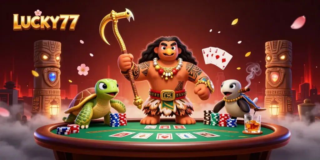 Engage in thrilling action with LUCKY77 poker dynamics featuring vibrant cartoon characters.