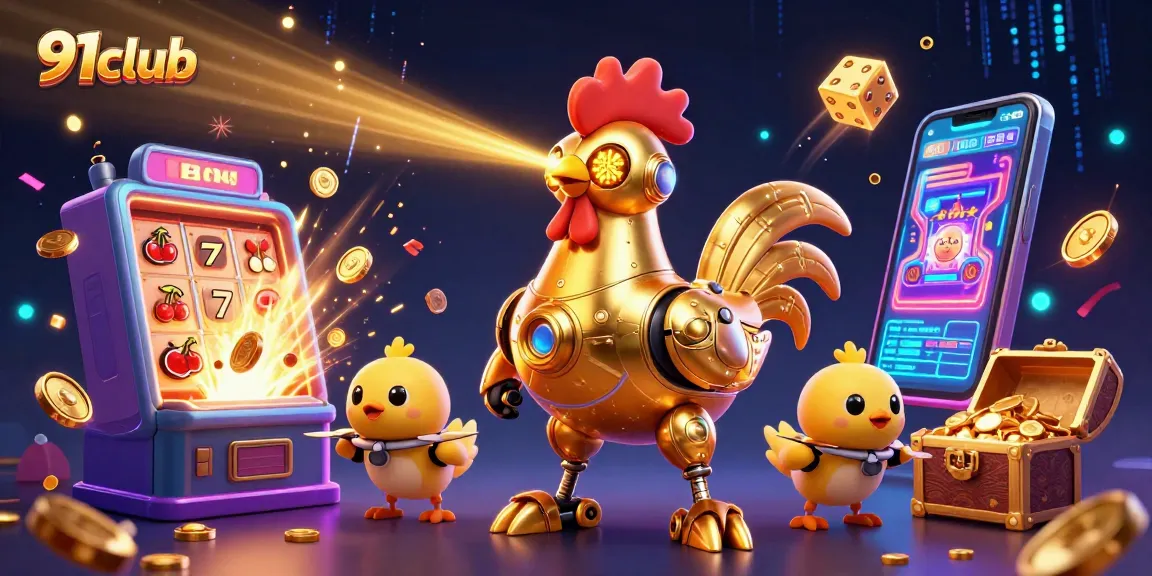 Engage with 91club gaming experience as golden rooster robot and chicks explore jackpot thrills and exciting gameplay.