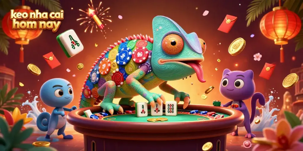 Experience thrilling action with keo nha cai hom nay, as the chameleon casino owner captures coins amidst festive gambling elements.