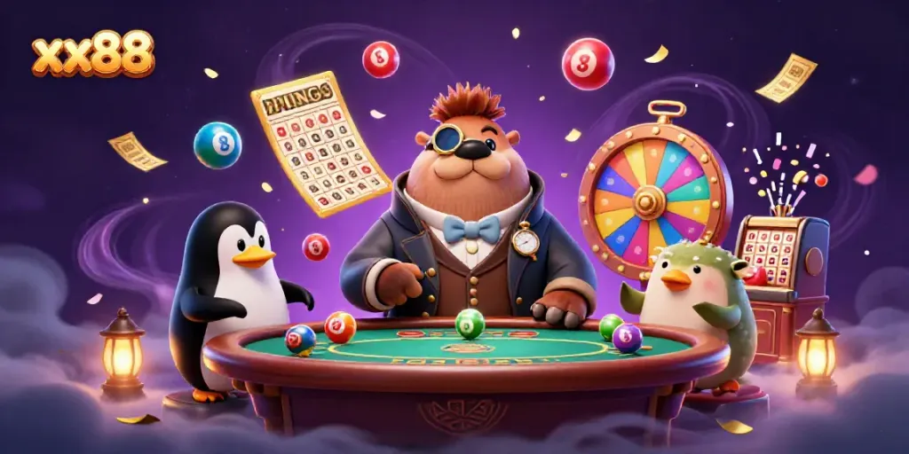 Experience the thrilling atmosphere of xx88 with a jolly walrus and friends in a vibrant casino scene.