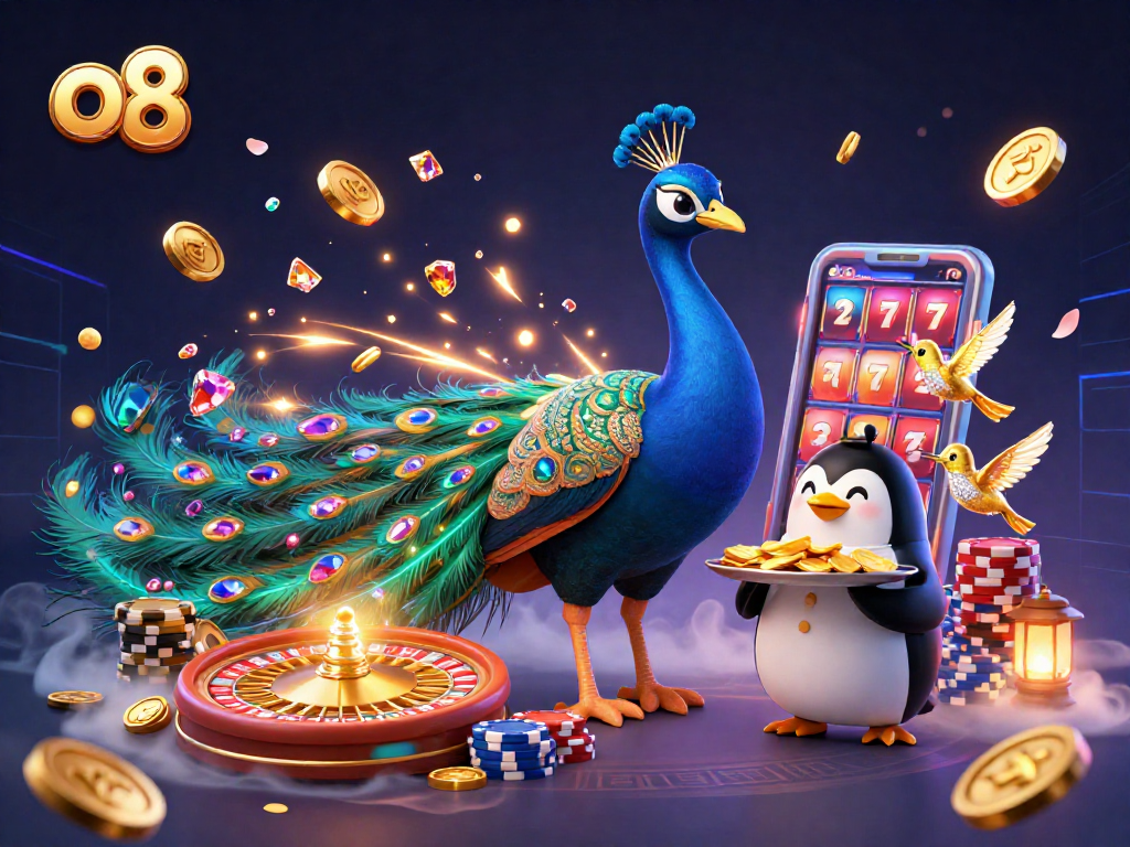 Engage with exciting o8 casino games featuring vibrant characters, golden chips, and dynamic roulette.